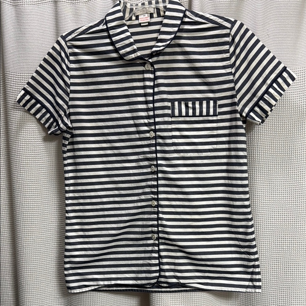 J Crew Striped top SZ XS Pajama or camp shirt cotton pocket casual piping detail